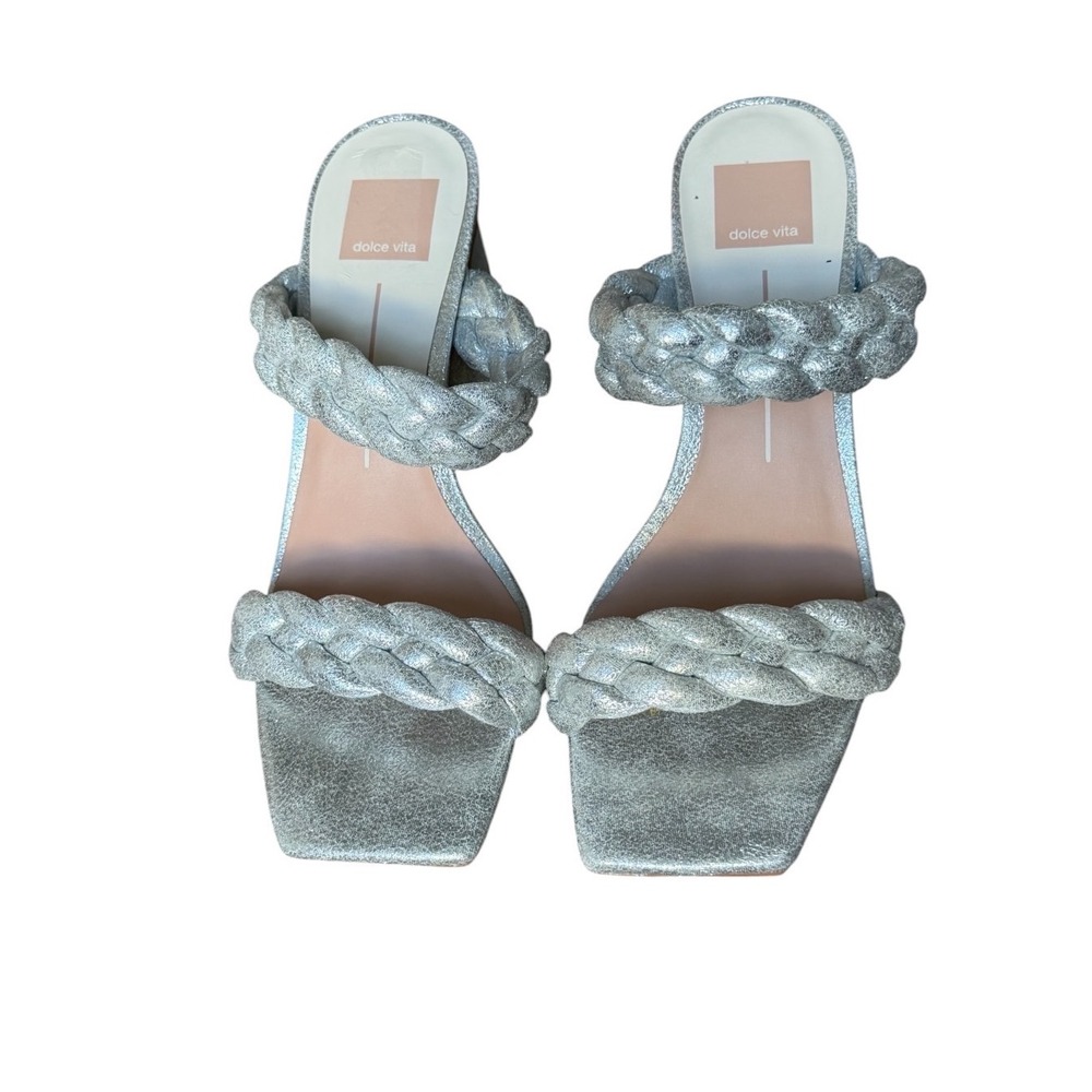 DOLCE VITA Silver Metallic Braided Block Heel‎ Mule Sandals Women's 8.5 US New
